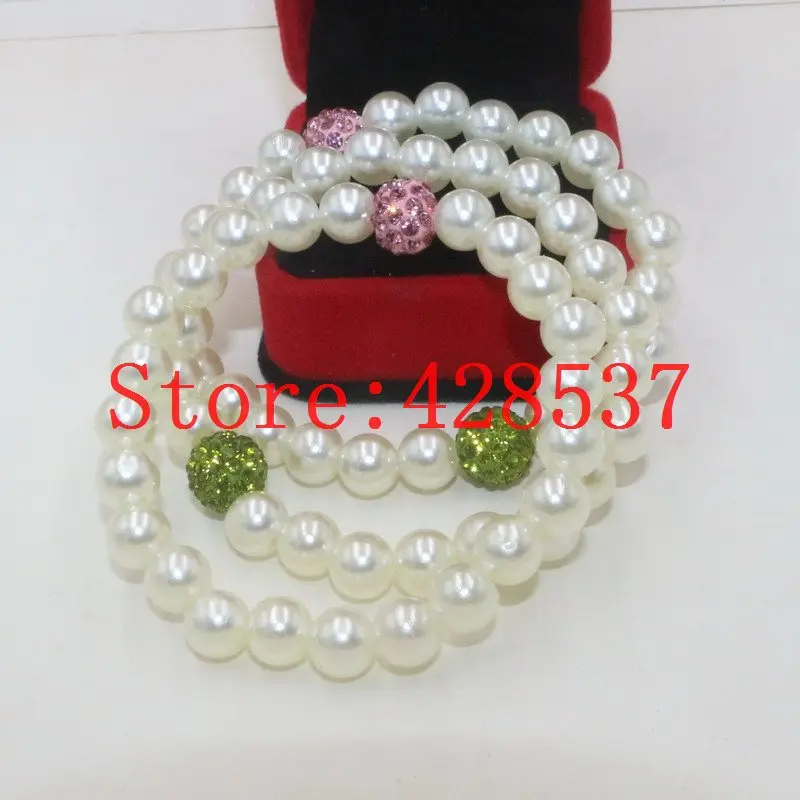 

Free Shipping 3pc Green Pink White Crystals AKA Clay Rhinestones CZ Ball Handmade Elastic Bead Strands Jewelry Bangles Bracelets