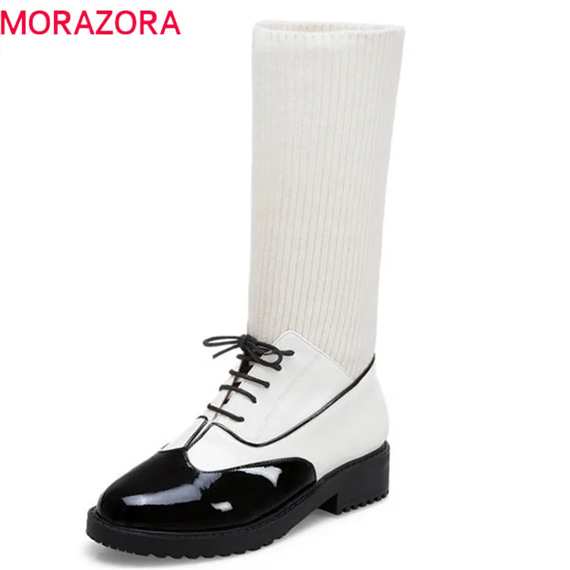 

MORAZORA 2018 new style mid calf boots women patent leather round toe autumn boots comfortable med heels shoes Stretch boots