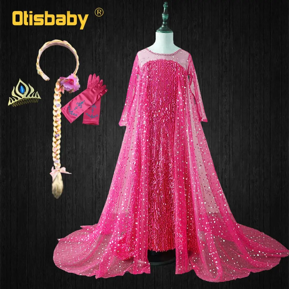 Розовое платье принцессы Эльзы для девочек; свадебное вечернее платье с длинным шлейфом; нарядная детская одежда; Детский костюм Снежной королевы с блестками