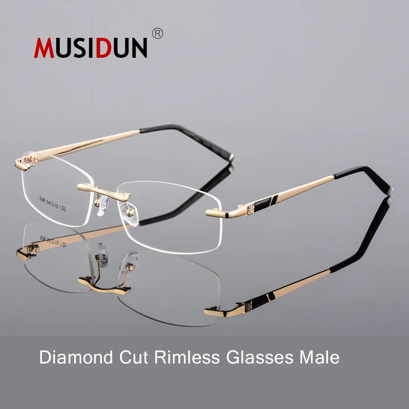 Оптические очки Человек высокого качества со стразами обрезки резки очки без оправы анти-синий близорукость Золотая рамка для мужской очки Q107