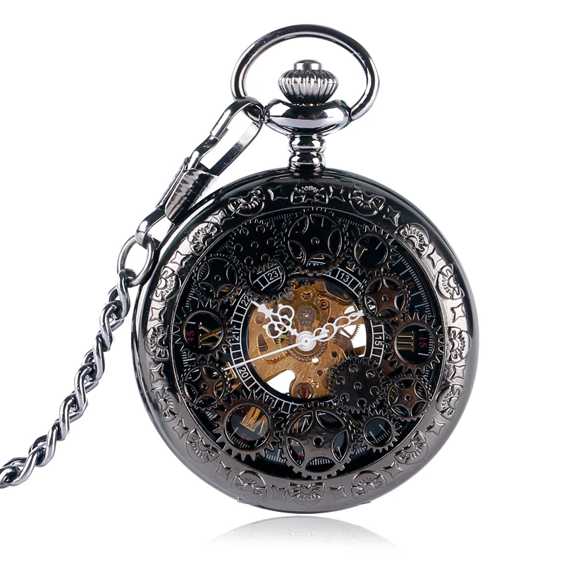 

Hot Black Full Steel Mechanical Hand Wind Pocket Watch Steampunk Vintage Hollow Analog Skeleton Fob Watch for Men Gifts