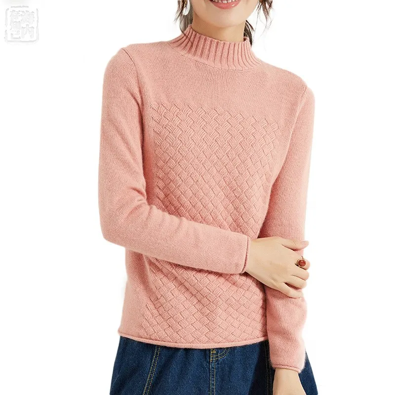 Women's Half Turtleneck Rolled Sleeve Bottom Hem Wool Cashmere Sweater