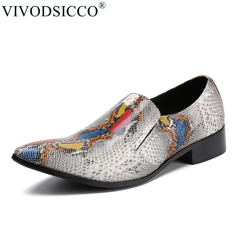 VIVODSICCO/новые туфли из натуральной кожи со змеиным узором; мужские туфли-оксфорды на плоской подошве с острым носком; повседневная мужская модельная обувь; свадебные туфли