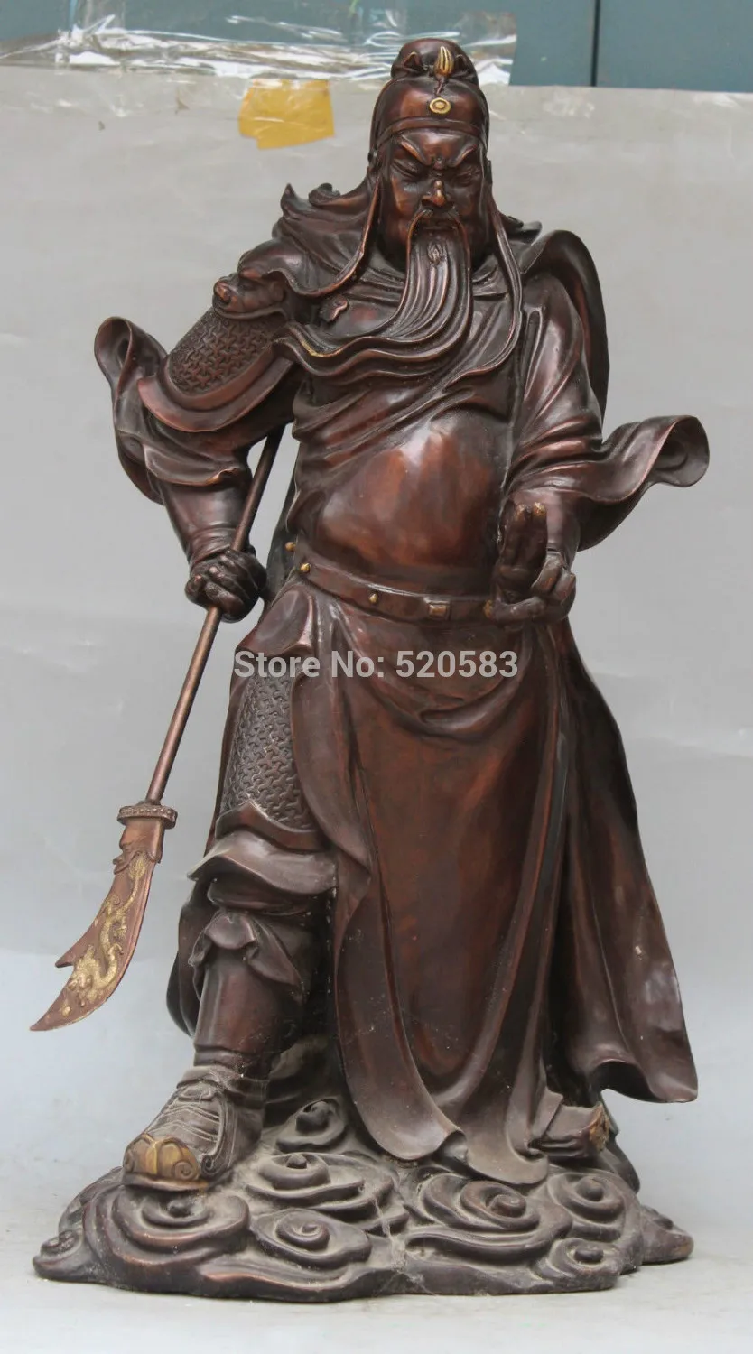 

28" China Bronze Gilt Dragon Guan Gong Yu Warrior God Guangong Hold Sword Statue