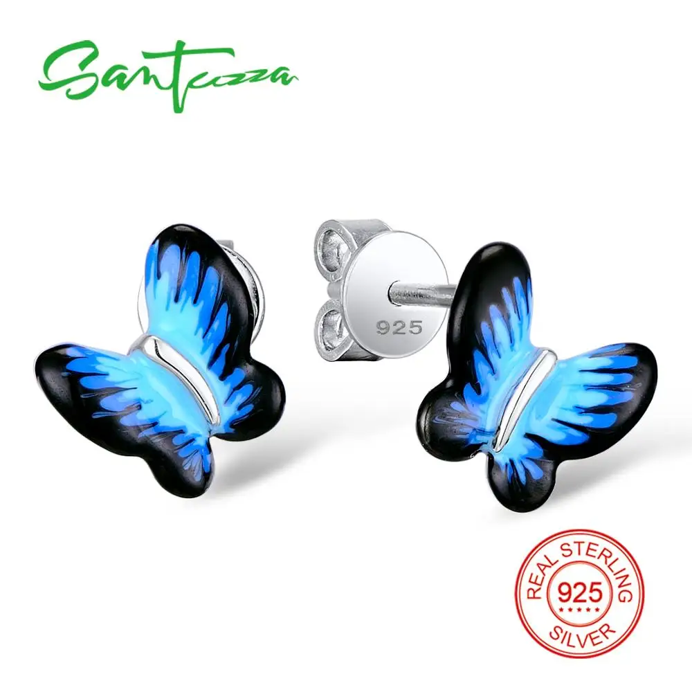 

SANTUZZA Silver Butterfly Earrings For Women 925 Sterling Silver Stud Earrings Silver 925 Cubic Zirconia brincos Jewelry Enamel