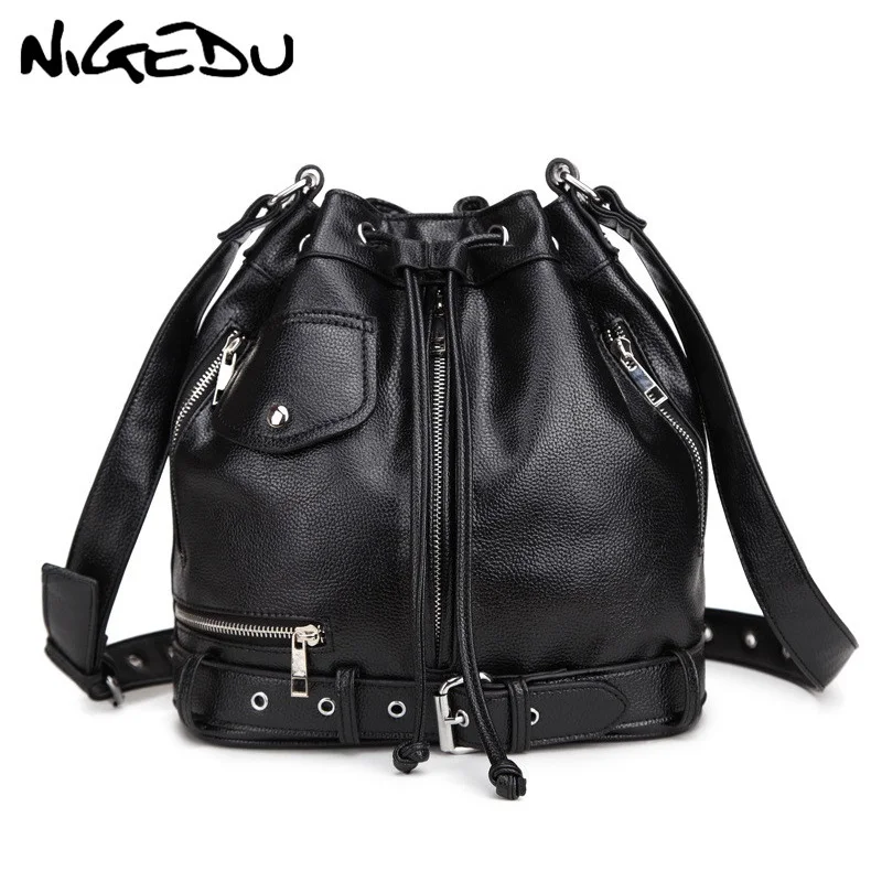 Bolsa de Ombro do Punk Bolsas de Couro Bolsas de Grife Nigedu Rocha Estilo Mulheres Rebite Mensageiro pu Feminina Motocicleta Balde Totes Preto