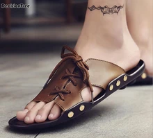 Summer PU Leather Slippers Bandages Rivet Design Flip Flops Men Solid Leisure Male Beach Shoes Comfortable Outdoor Shoes Z107 Summer PU Leather Slippers Bandages Rivet Design Flip Flops Men Solid Leisure Male Beach Shoes Comfortable Outdoor Shoes Z107
