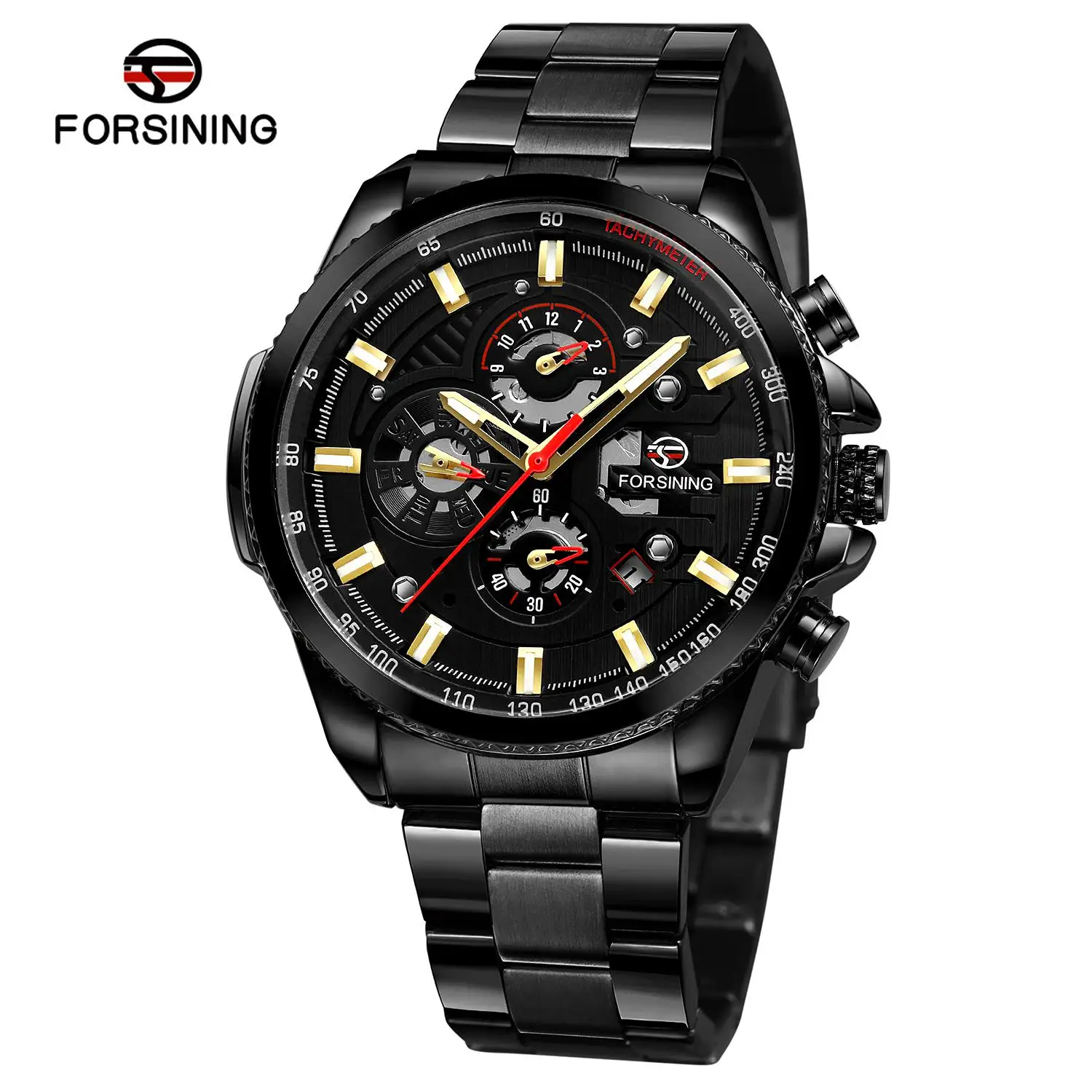 Модный бренд Forsining, 3 циферблата, календарь, черный, золотой, полностью из нержавеющей стали, мужские автоматические наручные часы, армейские спортивные мужские часы - Цвет: Black Gold