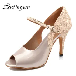 Ladingwu новые латинские танцевальные туфли женские туфли на каблуках абрикосовый PU и кружева женские бальные танцевальные туфли латинские