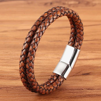 

TYO Brand Stainless Steel Metal Silver Color Classic Leather Men Bracelets Bangles Brown for Men Jewelry Magnet Buckle