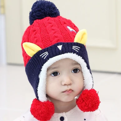 Бархатная теплая шапка для младенца, вязаные хлопковые детские шапки, бархатная Милая зимняя шапочка для девочки, Мультяшные кошачьи уши, шапка с помпон - Цвет: Красный