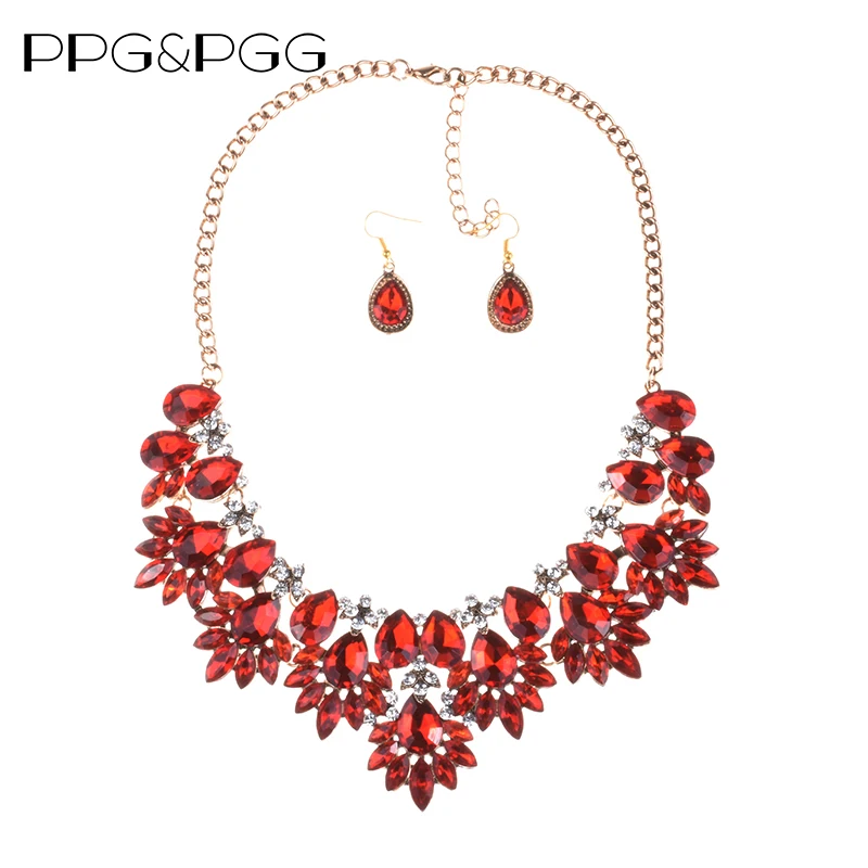 

PPG&PGG Gorgeous Red Collar Crystal Statement Necklace for Women Elegant Luxury Big Choker Rhinestone Necklaces & Ear Jewelry