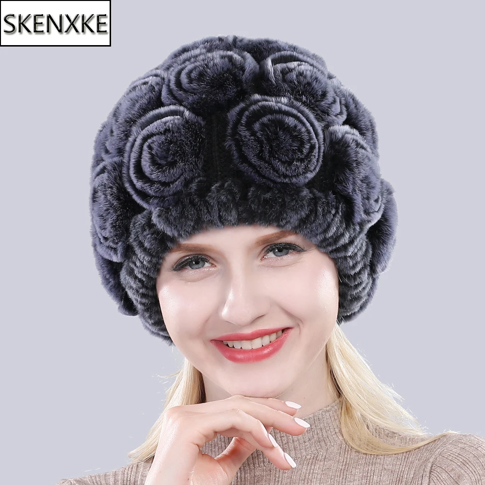 

2019 New Lady Floral Knit 100% Natural Rex Rabbit Fur Beanies Hat Winter Women Real Fur Hats Good Elastic Genuine Fur Skully Cap