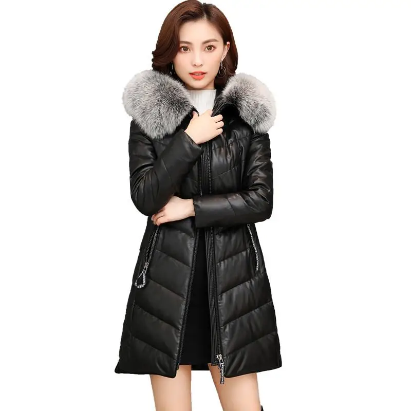 

2019 Winter Genuine Leather Jacket Women Duck Down Jacket Female Fox Fur Collar Plus Size 5XL Long Coat Sheepskin Jackets W31