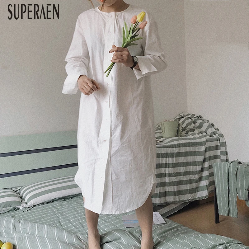 

SuperAen Korean Style Women Dress Summer New 2019 Cotton Ladies Dress Temperament Solid Color Casual Women Clothing