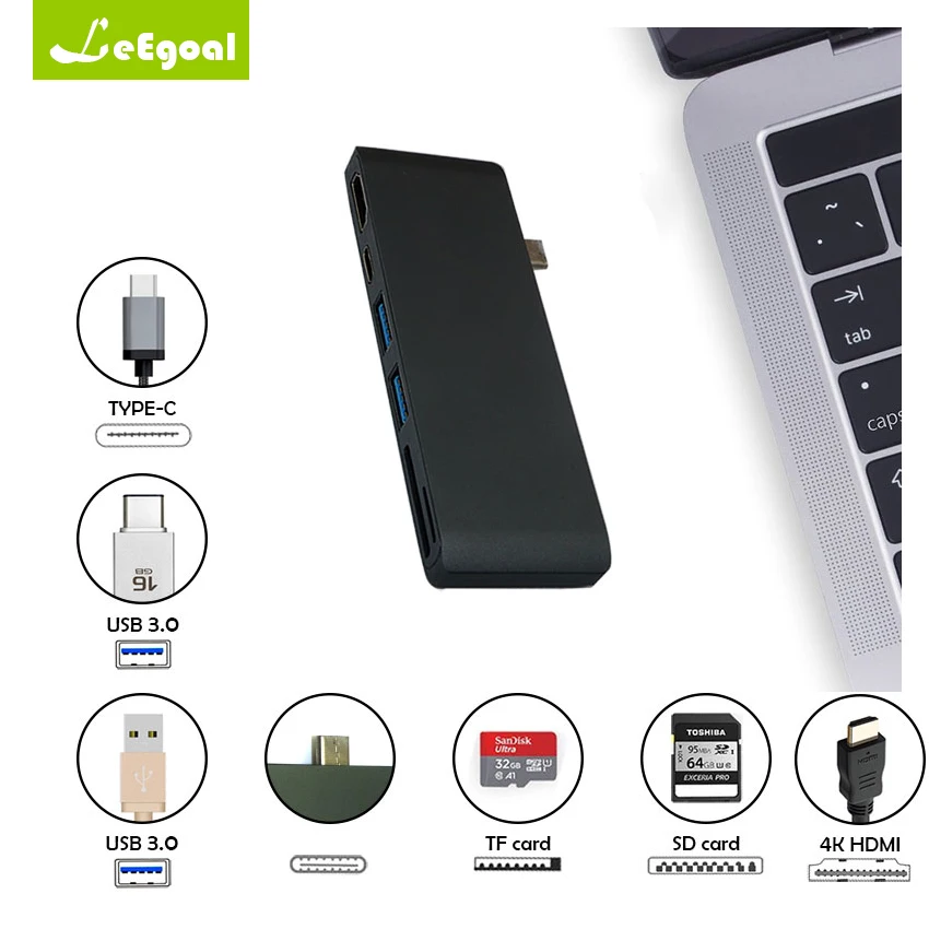 

Leegoal Multifunction 6 Port Usb-c Type C To Hdmi 4k With Usb3.0x2 Port Sd Slot Usb-c Female Cable Adapter For Macbook Pro