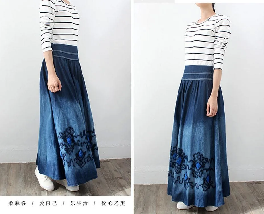 Винтажные Этнические вышитые богемные сплайсированные стиль Mori Girl преппи стиль джинсовые макси юбки для женщин D390