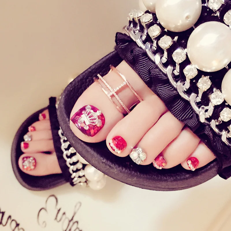 Manicure finished magazine Japanese Red toenail Sequin false nails 24