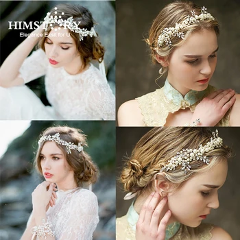 

HIMSTORY Luxurious Pearl Tiara Bridal Floral Leaves Branch Headband Crystal Wedding Hairband Bridal Hair Accessories