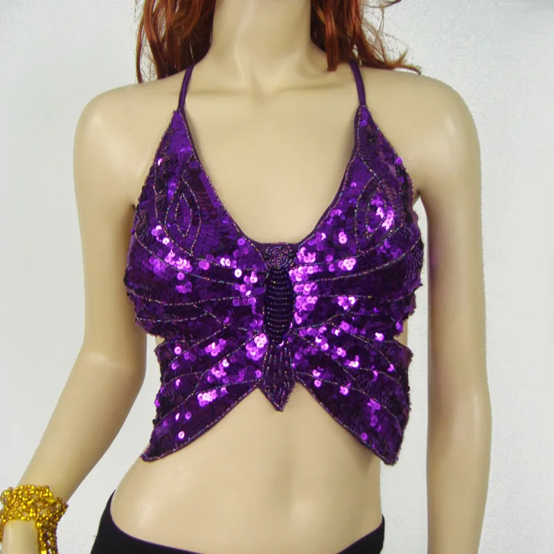 

2019 Butterfly Dancing Belly Dance Bras Bellydance Dancing Wear Sequins Bras Halter Tops Stage Dancer Costume 8 Colors