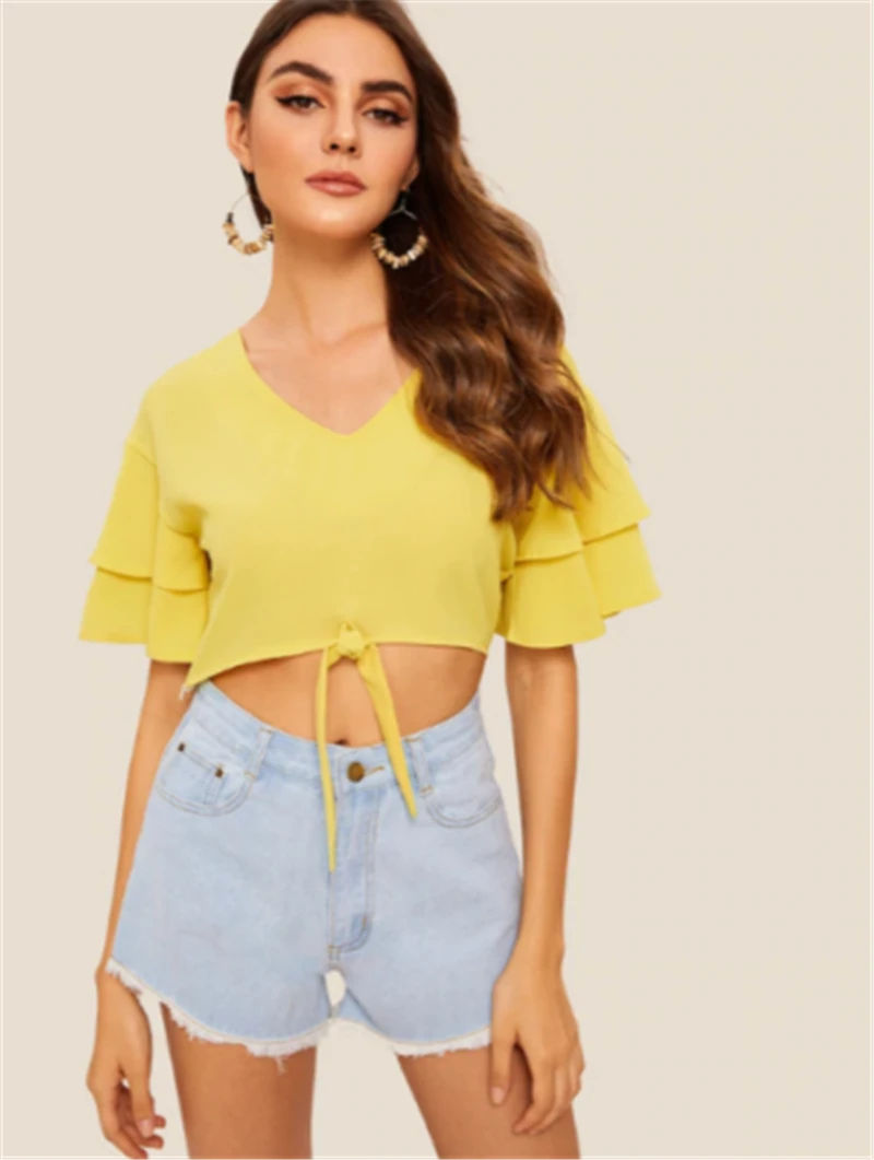New Fashion Women Casual Loose Summer Short Sleeve T-shirt Tops Sexy Chiffon Crop Tops Ladies V Neck Sunsuit New Fashion Women Casual Loose Summer Short Sleeve T-shirt Tops Sexy Chiffon Crop Tops Ladies V Neck Sunsuit