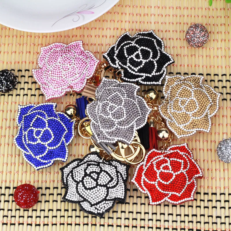 

High Quality Leather Crystal Rhinestone Key Chain Fashion Creative Cute 7 Colors Flower Lucky Women Key Rings Gifts Trinket