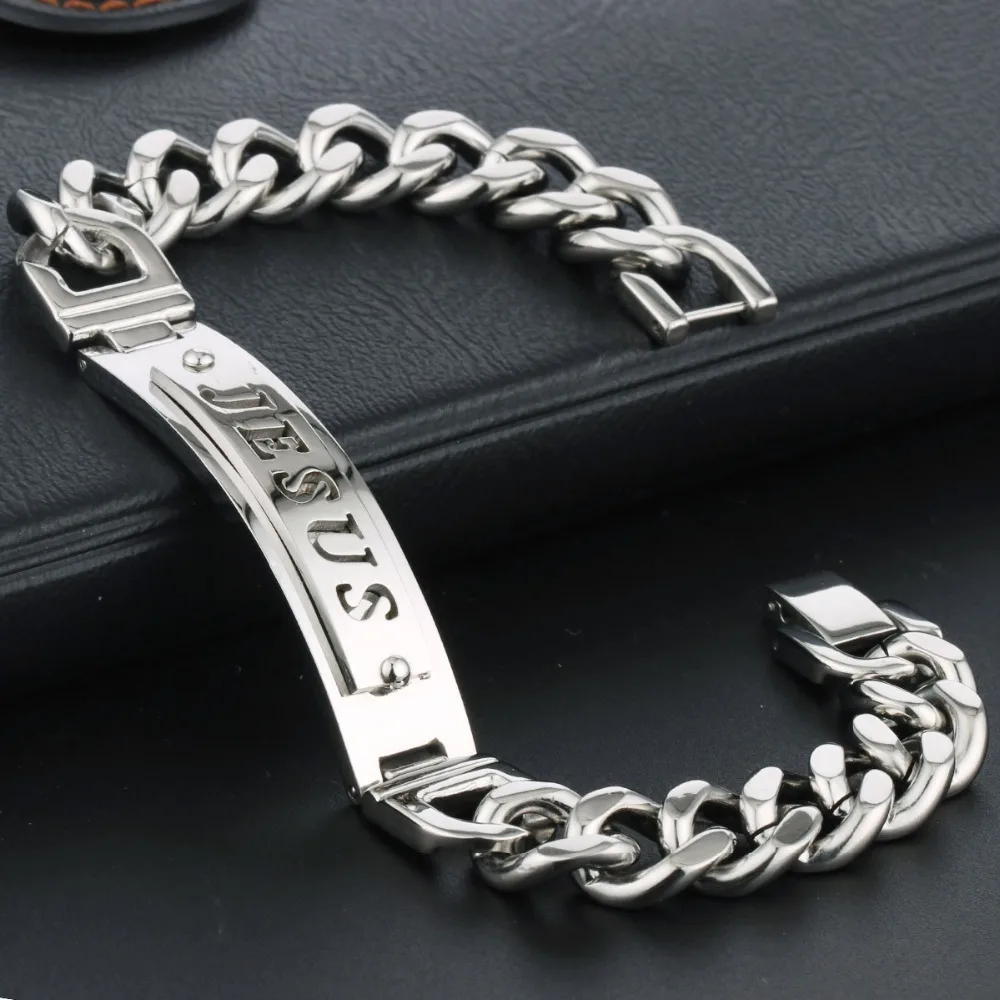 

Men's Link Chain Cuban Bracelets Stainless Steel Engraved Letter JESUS Cuff Bracelets Gold Silver Color Metal Jewelry Gifts MN03