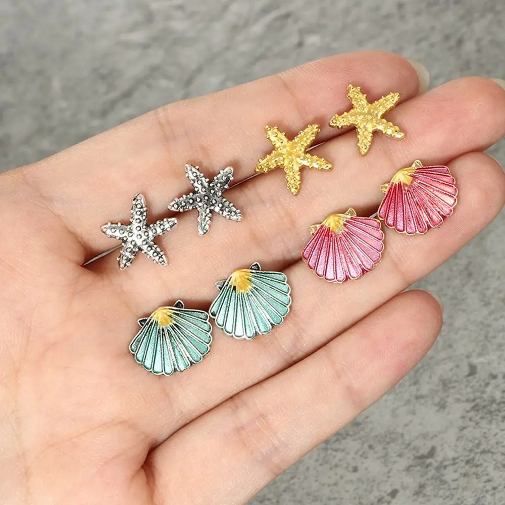 4 Pairs=1Set Bohemian Beach Stud Earrings Women Starfish Shell