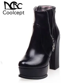 

CoolCept Office Lady High Heel Boots Zipper Platform Warm Fur Shoes Women Winter Ankle Boots Vintage Women Footwear Size 34-39