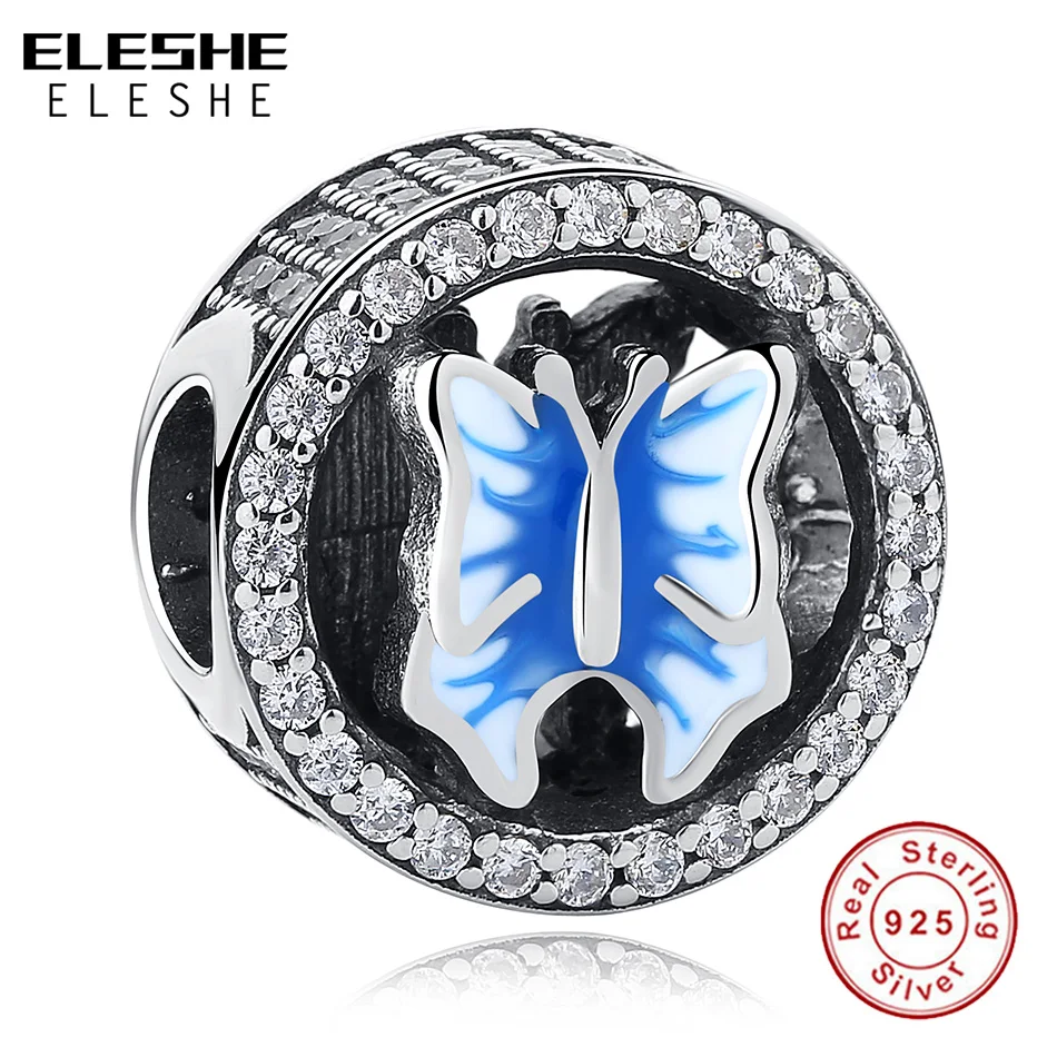 

ELESHE Authentic 925 Sterling Silver Beads Blue Enamel Butterfly Charms Beads Fit Original Pandora Bracelet Necklace DIY Jewelry