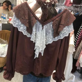 

RUGOD Fashion Flare Sleeve Blouses women Casual Ruffles V Neck Lace Hollow out shirts For Office Lady White Shirts Blouse Femme