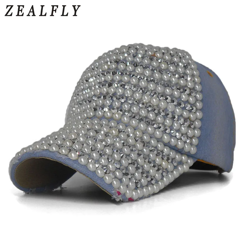 2018 Fashion Baseball Cap Pearl Rhinestone Brim Woman Snapback Hats Denim Jeans Hip Hop Women