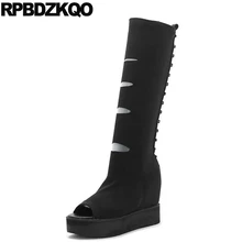 На каблуке экстремальный криперы черный ботинки заклепка высокие сапоги платформе женщины клинья Голова рыбы летние слипоны Muffin дамы шпилька обувь женская женский мода китайский длинный