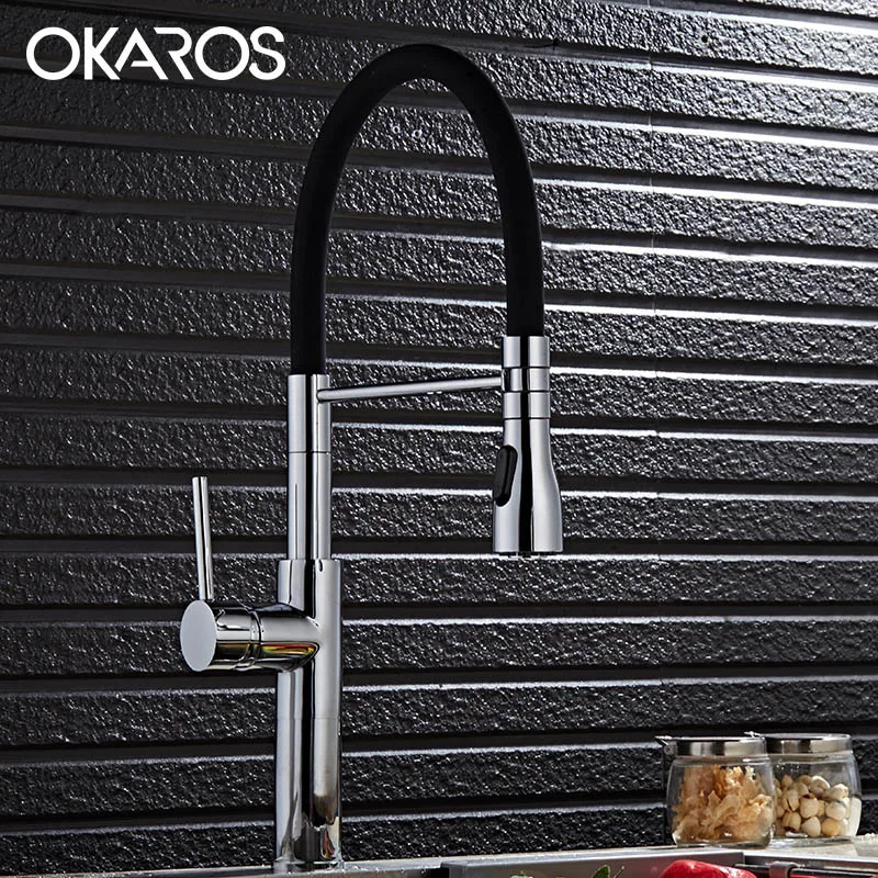

OKAROS Kitchen Sink Faucet Pull Out Dual Sprayer Nozzle White Paint Chrome Finish 360 Degree Swivel Single Lever Mixer Tap C074C