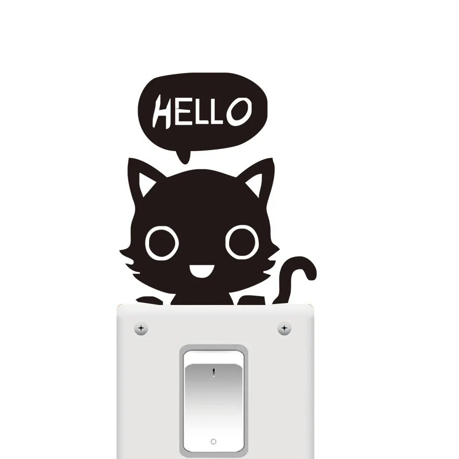 DCTOP Black Cat Say Hello Vinyl Plane Switch Sticker Big Eye Cartoon Cute Kids Bedroom Wall Decals Home Decoration | Дом и сад