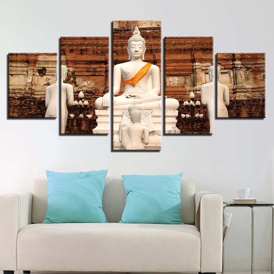 Living Room Pictures Home Wall Art Modular 5 Panel White Buddha