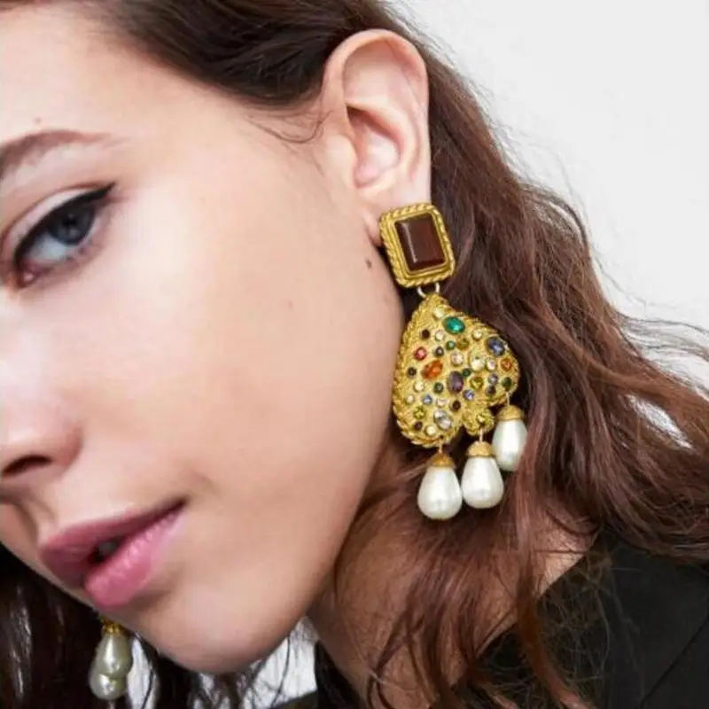 

Luxury ZA Heart Simulated Pearl Fringe Earrings Female Tassel Crystal Gold Color Beads brinco Women Earrings Wedding Jewelry