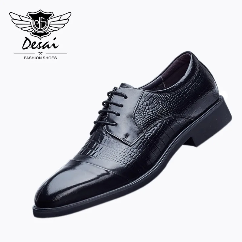 

1 Pair Men's Genuine Leather Shoes Casual Pointed Toe Business Dress Shoes Autumn Fashion British Crocodile Pattern Shoes