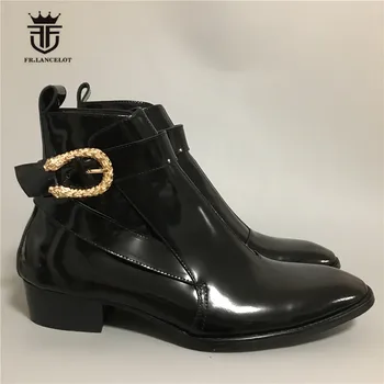 

Real Picture Handmade Skull rivet buckle strap patent leather Luxury Men Wedge Ankle Boots Pointed Toe Vintage Wyatte Boots