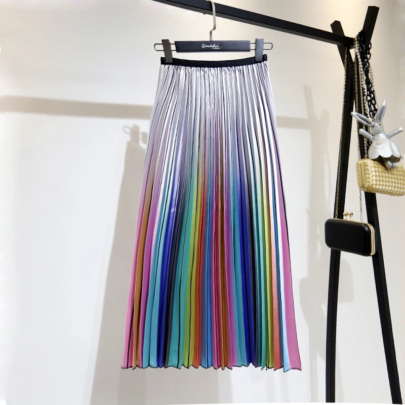 LANMREM2020 Весна корейский стиль Высокая талия до середины икры цветная полоска плиссированная Нижняя трендовая женская летняя плиссированная юбка QG705 - Цвет: Picture color