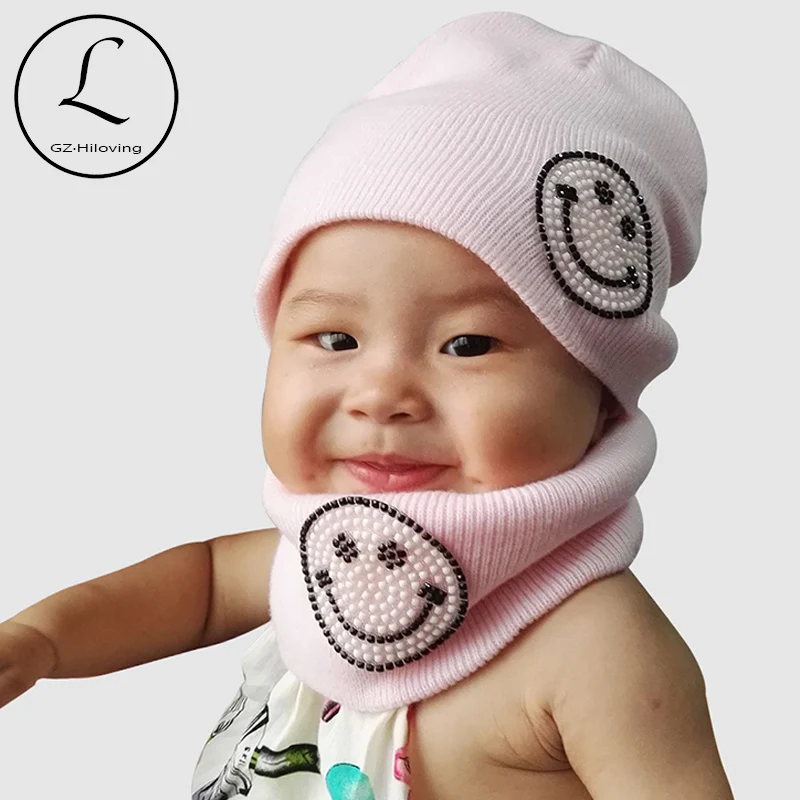 New Kids Beanie Hat Scarf Set 2pcs Cute Candy Solid Color Baby Girls Boys Smile Beanies Cap Knit Hat Scarf Warm Winter Set