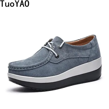 

New Brand Spring Autumn Women Flats Platform Loafers Shoes Female Suede Leather Casual Shoes Lace-Up Elegant Moccasins Creerper