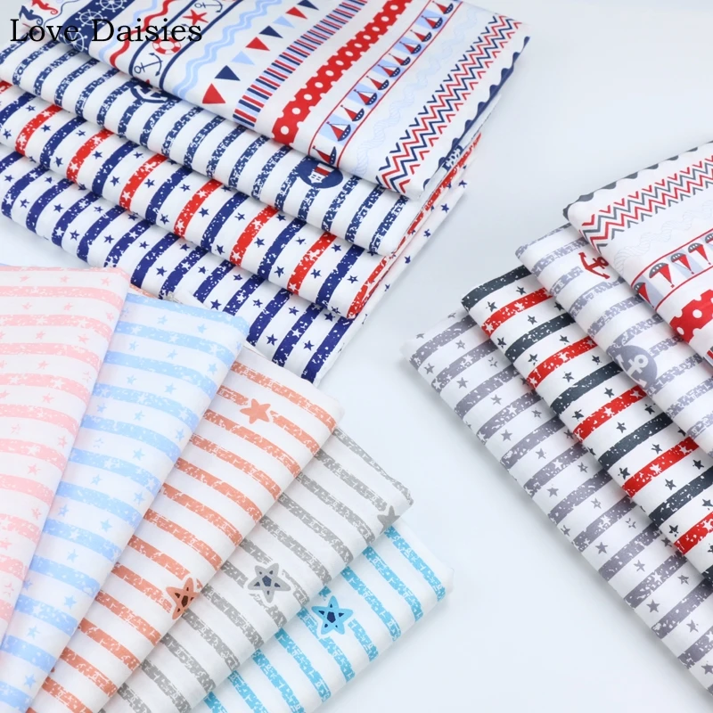 

100% Cotton Twill Fabric Marine NAVY GRAY SKY BLUE PINK Flag Stripe Anchor Star for Handwork Kids Bedding Sheet Cushion Apparel