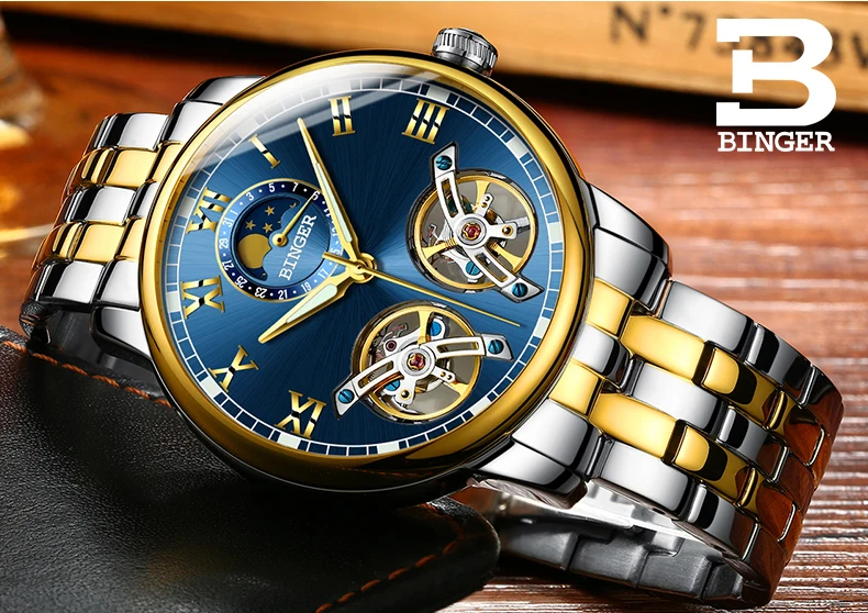 Double tourbillon Luxury Men watch Automatic mechanical Watch BINGER Famous Brand Watch Gold Case Blue Dial Double relogio