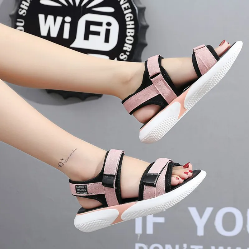 JINBEILEE Sports Sandals Female Students Casual Magic Stickers Muffin Thick-soled Breathable Non-slip Beach Shoes