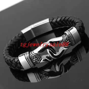 

New Arrived Silver Black Stainless Steel Handcuff Handsome Mens Black Leather Bangle Bracelet Cuff Jewelry Magnetic Clasps 8.66"