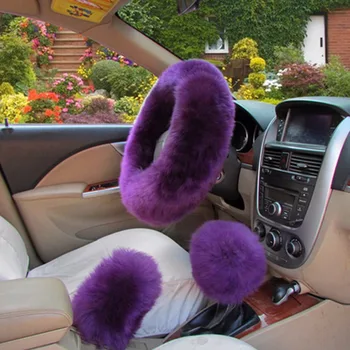 

3pcs/set Winter 4 Colors Long Australian Wool Warm Fur Car Steering wheel Cover Genuine Leather Cover