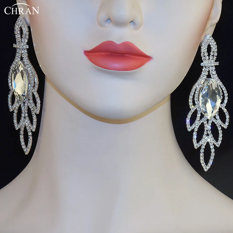 CHRAN Leaf Design Silver Plated Rhinestone Prom Jewelry Fashion Crystal Chandelier Dangle Earrings Exquisite Christmas Gifts | Украшения и