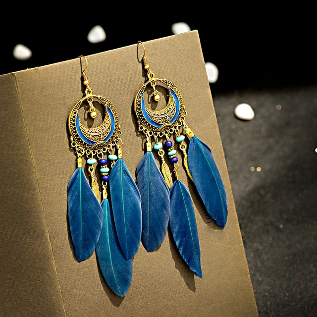 2019 Blue Boho Feather Earrings For Women Brincos Bijoux Charm