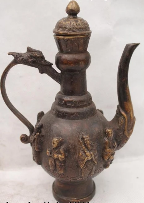 

003739 9"China Chinese Folk Bronze Lucky Eight Immortals Dragon head water jug Statue